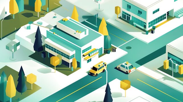 An isometric vector illustration of an outdoor commercial block scene. copy space for text.