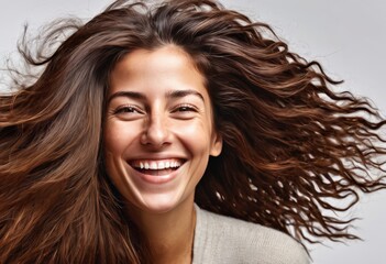Fototapeta premium Portrait of a smiling girl with flowing hair on a light background