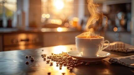 white cup of coffee with steam on a wooden table in a cozy home atmosphere with coffee beans...