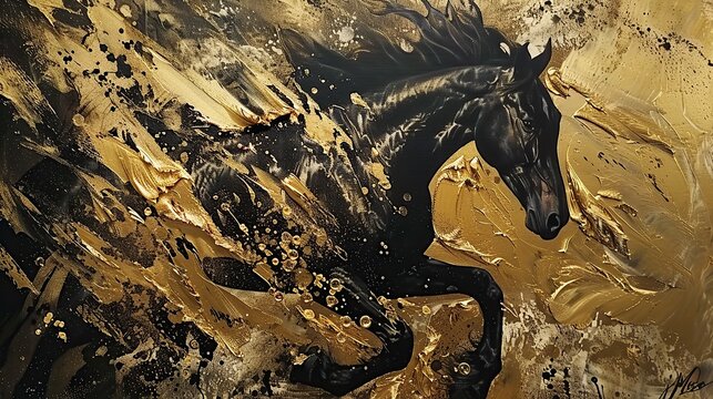 Image of art painting of gold horse. Image of artwork. copy space for text.