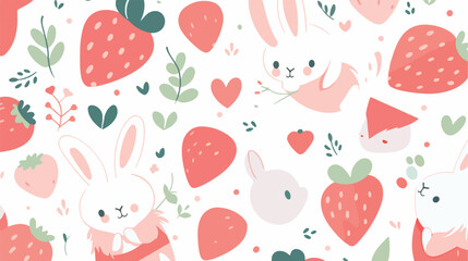 Cute seamless pattern with bunny strawberries and h