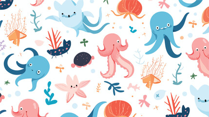 Cute seamless pattern with sea animals. Octopus dol