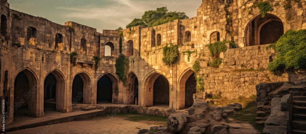 Poster the stone structure showcases multiple arches, creating a striking architectural design