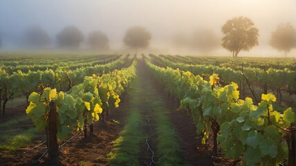 Rows of grapevines disappear into a soft fog