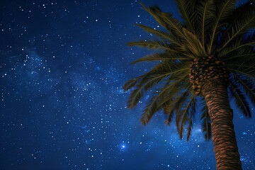 Palm tree reaching towards a sprinkle of stars in the night sky
