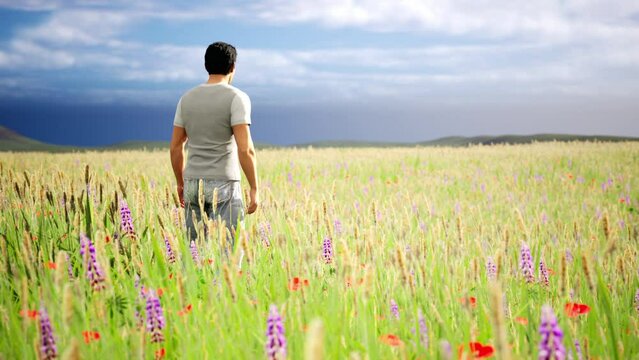 Man standing in a grassy flower summer field, camera pan focus, realism, 3D rendered.