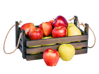 Red and yellow apples in a wooden box