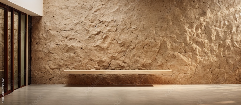 Poster a sturdy stone bench is placed in a room with a solid stone wall, creating a simple and rustic atmos