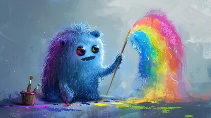 A Monster's Cheerful Rainbow Painting Brightens a Gray Rainy Day