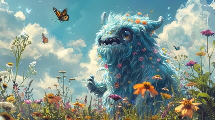 Cute Monster's Whimsical Chase of Butterflies Through Vibrant Wildflower Field