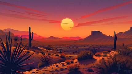 Illustration depicting a sunset over the desert.     