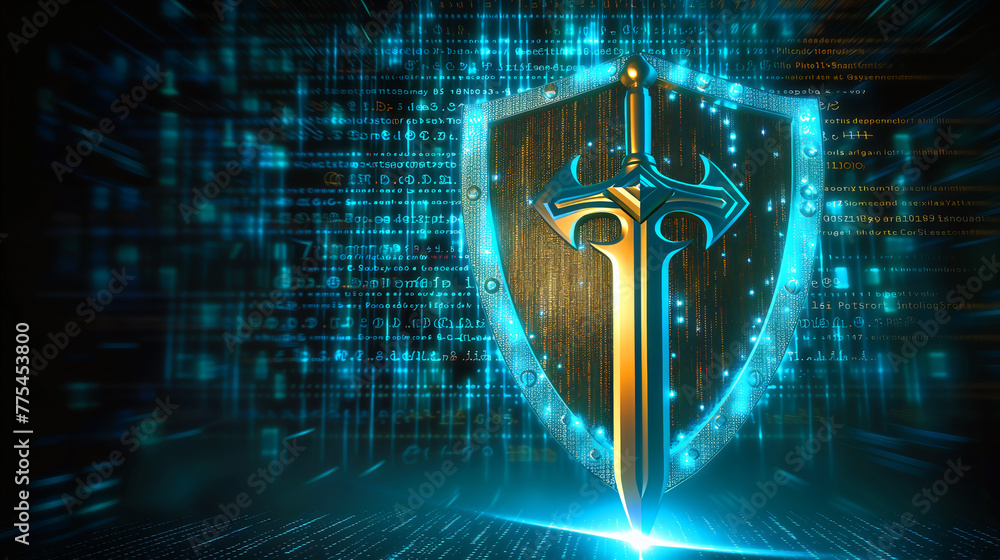 Poster cybersecurity concept with a shield and sword against a backdrop of digital code