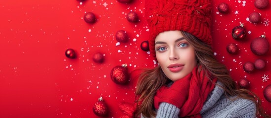A woman in a red hat and scarf with Christmas decorations