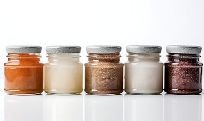 White background with various jarred body scrubs