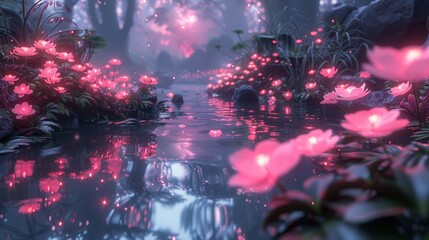 Ethereal garden floating in the vacuum of space with bioluminescent plants, floating water streams, variety of alien fauna basking in the light of nearby nebula created with Generative AI Technology
