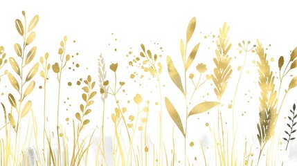 Minimalist style of hand drawn plants. Vector plants and grasses in gold style with gloss effects and and gold paint splatters. With leaves and organic shapes.
 - obrazy, fototapety, plakaty