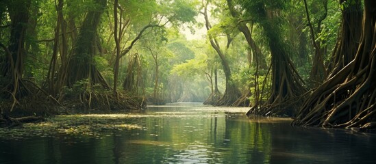 A serene river meanders through a dense and vibrant green forest, surrounded by an abundance of lush foliage and trees