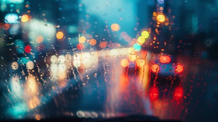 View of heavy raining in the city from car window  - obrazy, fototapety, plakaty
