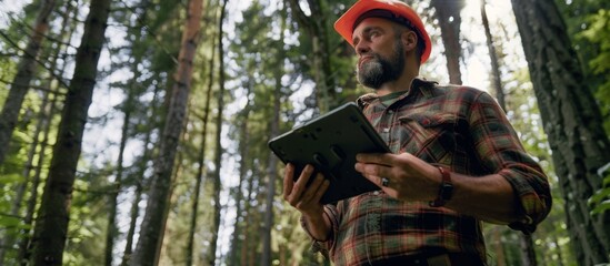 Man in a red hard hat holding a tablet in a forest