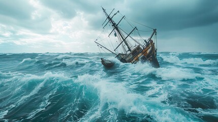 A sea ship stuck in the ocean during bad weather  - obrazy, fototapety, plakaty