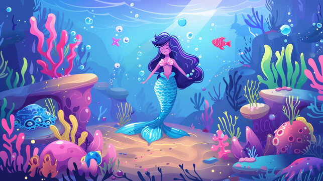 An enchanting mermaid kingdom with beautiful sea creatures and underwater wonders, portrayed in a charming cartoon vector illustration