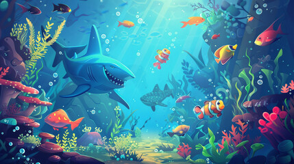 An enchanting underwater world with colorful fish and playful sea creatures, depicted in a charming...