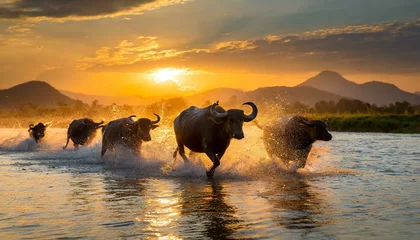 Foto op Aluminium Close up image of a group of african buffalos running through the water in the savanna during wallpaper texted images © Bilawl