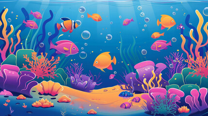 An enchanting underwater world with colorful fish and playful sea creatures, depicted in a charming...