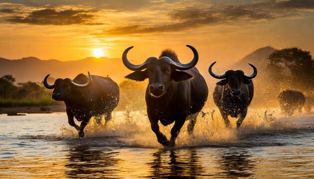 Close up image of a group of african buffalos running through the water in the savanna during wallpaper texted images