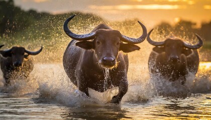Close up image of a group of african buffalos running through the water in the savanna during wallpaper texted images - obrazy, fototapety, plakaty