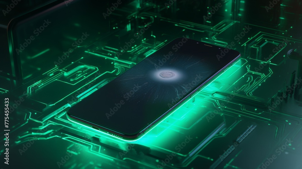 Poster smartphone showing a projection or hologram on a green background ::3 cyberpunk ::3 --ar 16:9 --qual