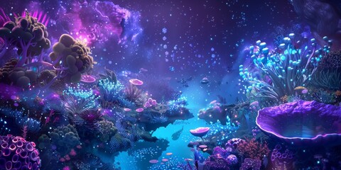 Ethereal garden floating in the vacuum of space with bioluminescent plants, floating water streams, variety of alien fauna basking in the light of nearby nebula created with Generative AI Technology - obrazy, fototapety, plakaty
