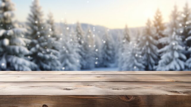 Empty wooden table on winter background. Space for installation of Your object. Kitchen countertop on a blurred backdrop with winter landscape and snow. High quality photo