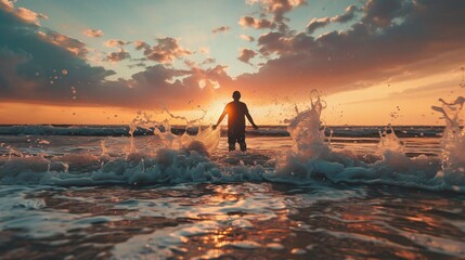 Boy standing at sea view during sun set  - obrazy, fototapety, plakaty