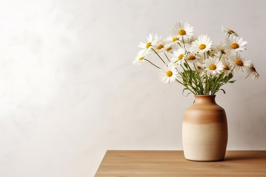 Bouquet of chamomile flowers in vase on wooden table
