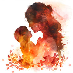 Watercolor silhouette of a happy mother holding a baby, perfect for Mother's Day cards and gifts.
