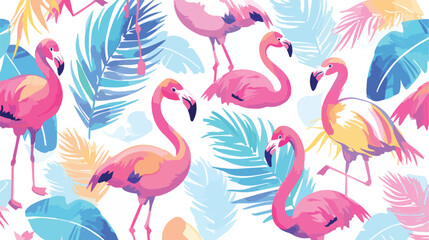 Drawn seamless pattern with colourful flamingo feat - obrazy, fototapety, plakaty