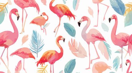 Drawn seamless pattern with colourful flamingo feat