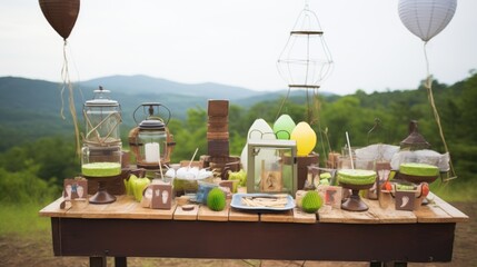 Fototapeta premium Rustic birthday party with homemade treats, recycled board games and solar-powered lanterns set against a backdrop of green hills --ar 16:9 --quality 0.5 --stylize 0 --v 5.2 Job ID: b8e64fdf-5540-479a