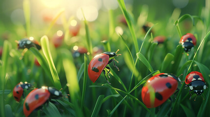 Ladybugs crawling on blades of grass