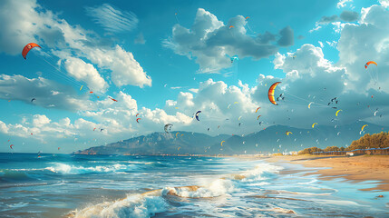 Kites soaring high above a windy beach