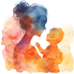 Watercolor silhouette of a mother holding a baby in her hand, celebrating mother's day. Emotional and sentimental artwork depicting the special bond between a mother and her child. - obrazy, fototapety, plakaty