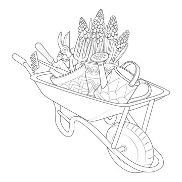 recommend clip art: Garden wheelbarrow with tools outline icons. Black and white Engraved vector of various tools, wheelbarrow, shovel, rake, pruner. Coloring page for kids and adults. Vector illustration