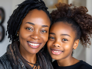 African American mother and daughter smiling happily together in an outdoor setting. - obrazy, fototapety, plakaty