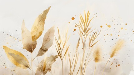 Vector plants and grasses in gold style with gloss effects and and gold paint splatters. Minimalist style of hand drawn plants. With leaves and organic shapes. For your own design. - obrazy, fototapety, plakaty