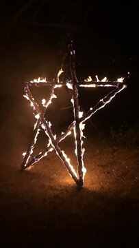 Wooden Pentagram Ablaze in Darkness, Witchcraft Symbol, Nighttime Ritual, catemaco veracruz

