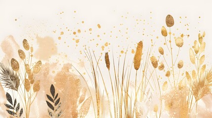 Vector plants and grasses in gold style with gloss effects and and gold paint splatters. Minimalist style of hand drawn plants. With leaves and organic shapes. For your own design. - obrazy, fototapety, plakaty