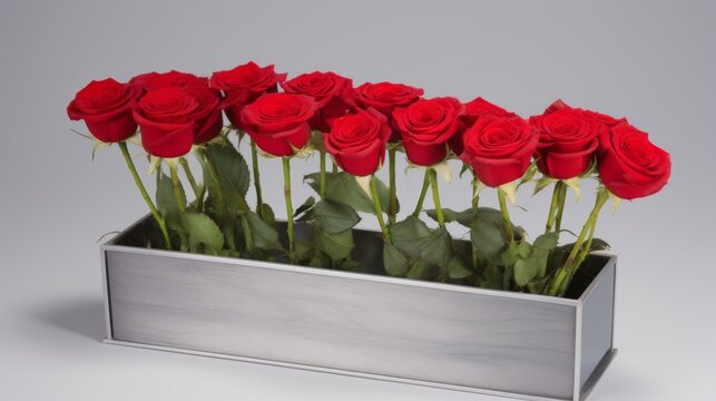 Fototapeta Flower box with seven stems of scarlet roses on a minimalist gray background no text, no inscriptions, no advertisements --ar 16:9 --quality 0.5 --stylize 0 --v 5.2 Job ID: 9aab9ad3-f641-4687-8344