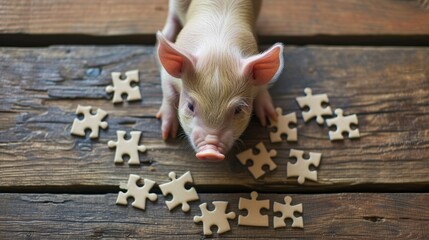 Adorable top view of a cute pig solving a jigsaw puzzle, playful and clever. Ai Generated