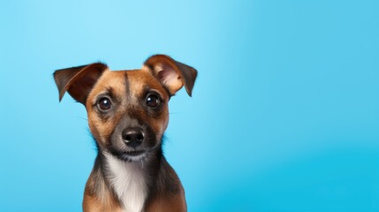 ute small dog with brown patches sitting against a bright blue backdrop, Ai Generated.